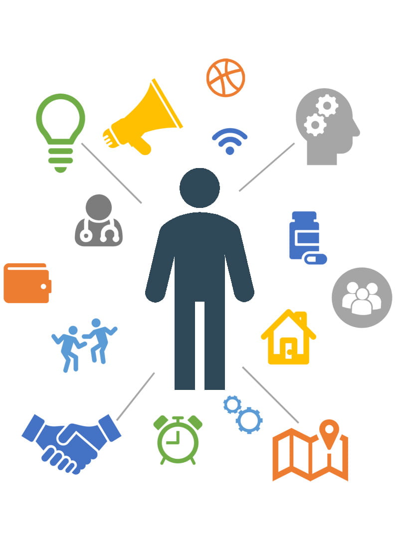 Förderkreis Pfarrscheune – Gemeinsam Veranstaltungen in Igstadt gestalten Eine grafische Illustration, die eine zentrale Person umgeben von bunten Icons für Engagement, Kultur, Gemeinschaft und Organisation zeigt – symbolisch für die Aufgaben im Förderkreis der Pfarrscheune Igstadt
