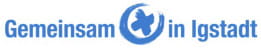 Blaues Logo mit dem Schriftzug „Gemeinsam in Igstadt“, bei dem sich in der Mitte ein blaues, kreisrundes Symbol im Pinselstrich-Stil mit einem kreuzähnlichen Zeichen befindet