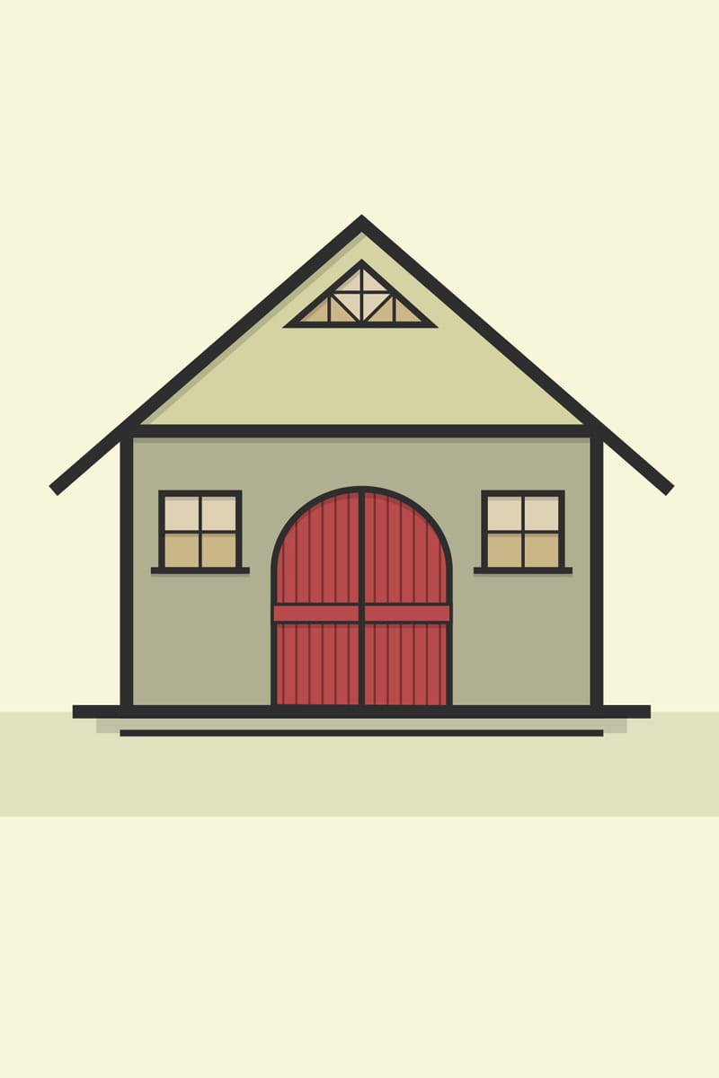 Pfarrscheune Igstadt – Grafische Illustration des historischen Gebäudes Minimalistische, farbige Grafik der Pfarrscheune Igstadt mit einem großen roten Scheunentor, zwei Fenstern und hellem Giebel auf beigem Hintergrund